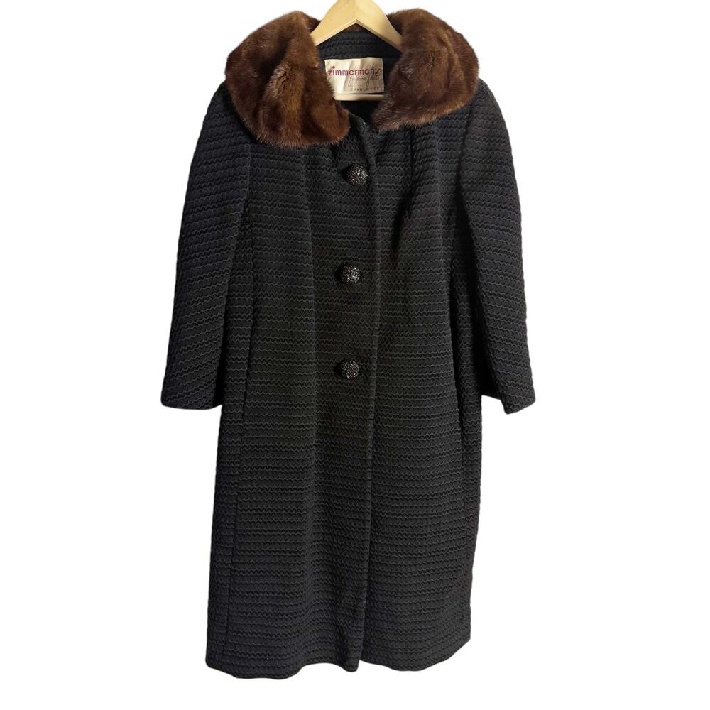 Zimmerman’s Vintage 50s 60s Black Woven Wool Coat Brown Mink Fur Collar Medium